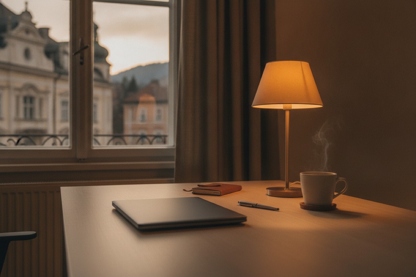 Geschlossener Laptop auf Holzschreibtisch in der Abenddämmerung, daneben Tischlampe, Kaffeetasse und Notizbuch
