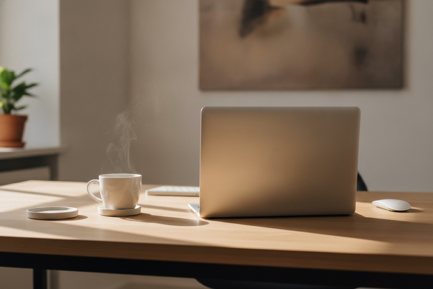 Aufgeklappter Laptop von hinten auf hellem Schreibtisch im Morgenlicht, daneben Kaffeetasse und Topfpflanze