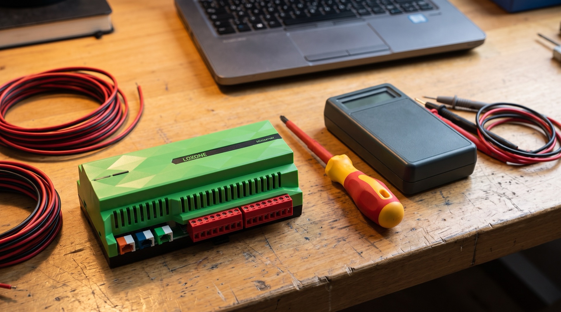 Aufgeräumte Werkbank eines Integrators mit Loxone Miniserver, Schraubendreher, Multimeter und Laptop