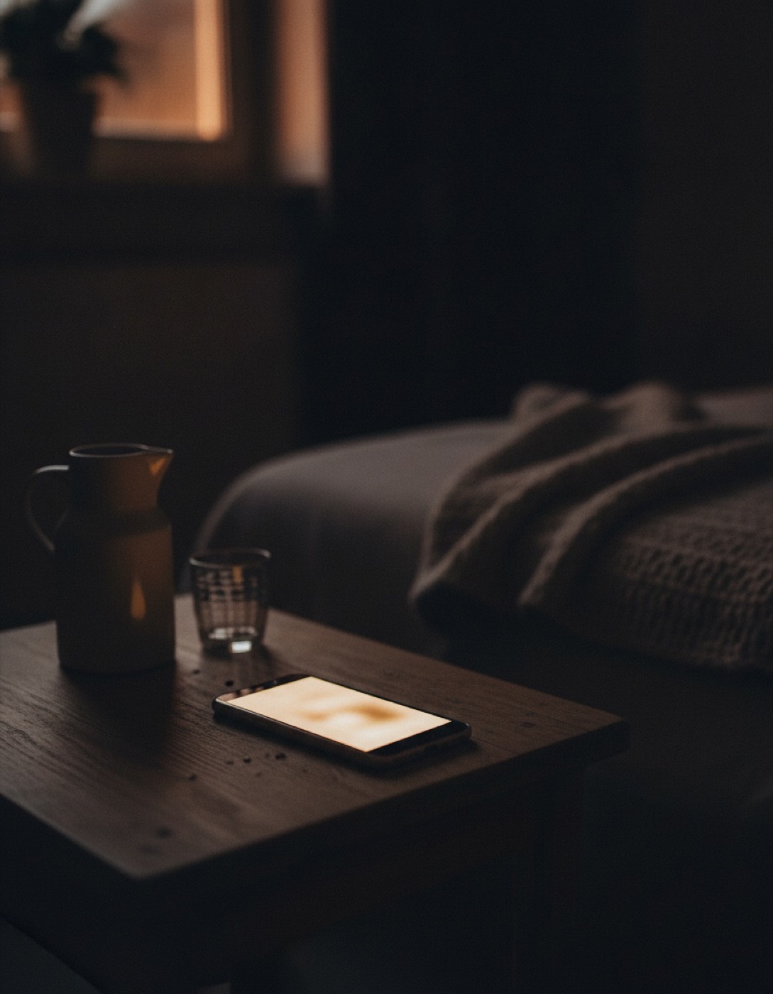 Smartphone mit schwach leuchtendem Display auf dunklem Nachttisch neben Karaffe und Wasserglas, tiefe Nacht