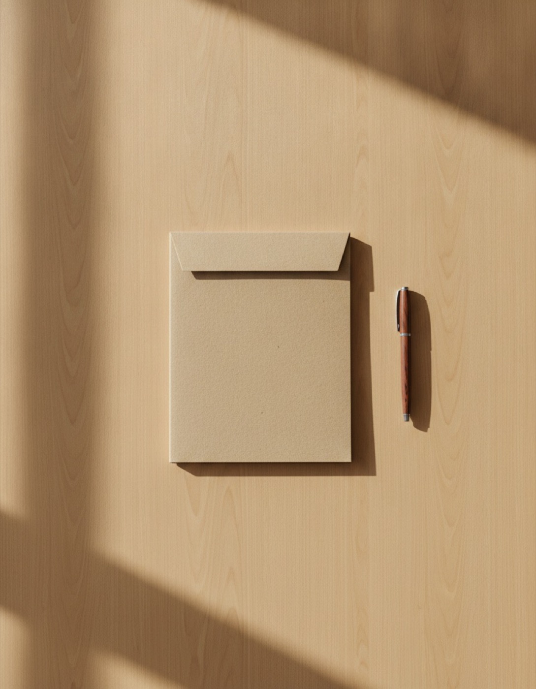 Eine einzelne beige Dokumentenmappe und ein Stift auf einem leeren Holzschreibtisch im Morgenlicht