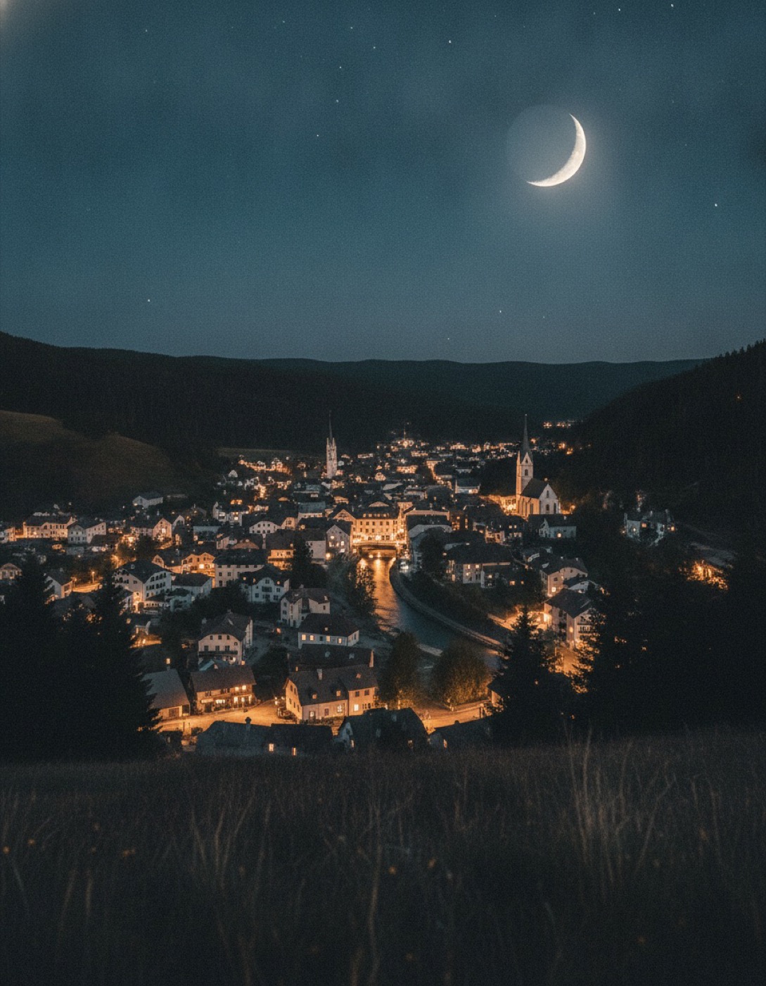 Kleine Ortschaft bei Nacht vom Hügel aus, warm erleuchtete Fenster, Kirchturm und Mondsichel am Sternenhimmel