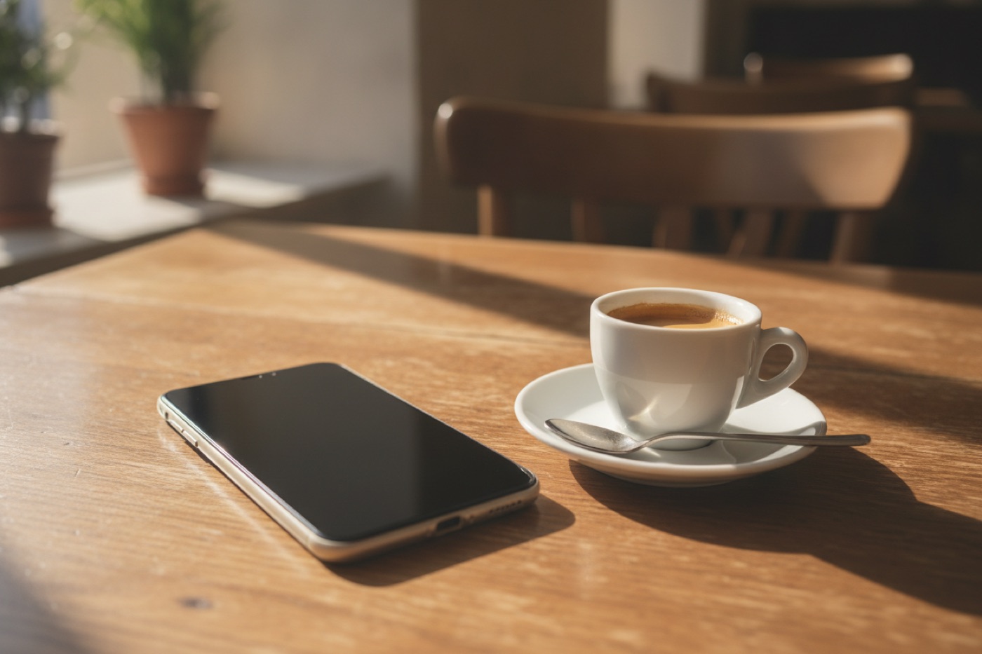 Smartphone mit ausgeschaltetem Display neben einer Espressotasse auf einem Holztisch im Café