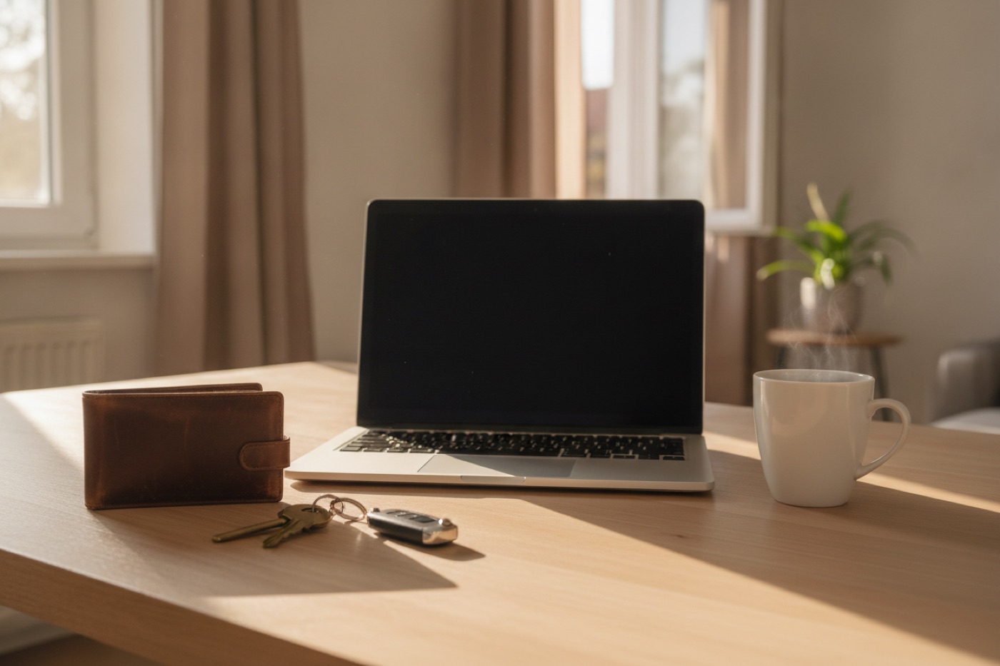 Aufgeklappter Laptop mit ausgeschaltetem Bildschirm auf hellem Schreibtisch, daneben Geldbörse, Schlüsselbund und Tasse