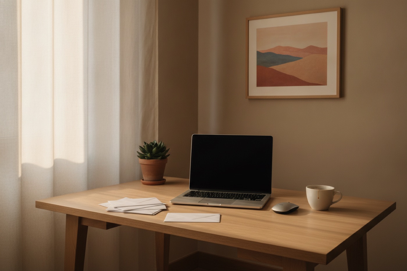 Aufgeräumter Schreibtisch mit Stapel weißer Kuverts, aufgeklapptem Laptop mit ausgeschaltetem Bildschirm und Tasse