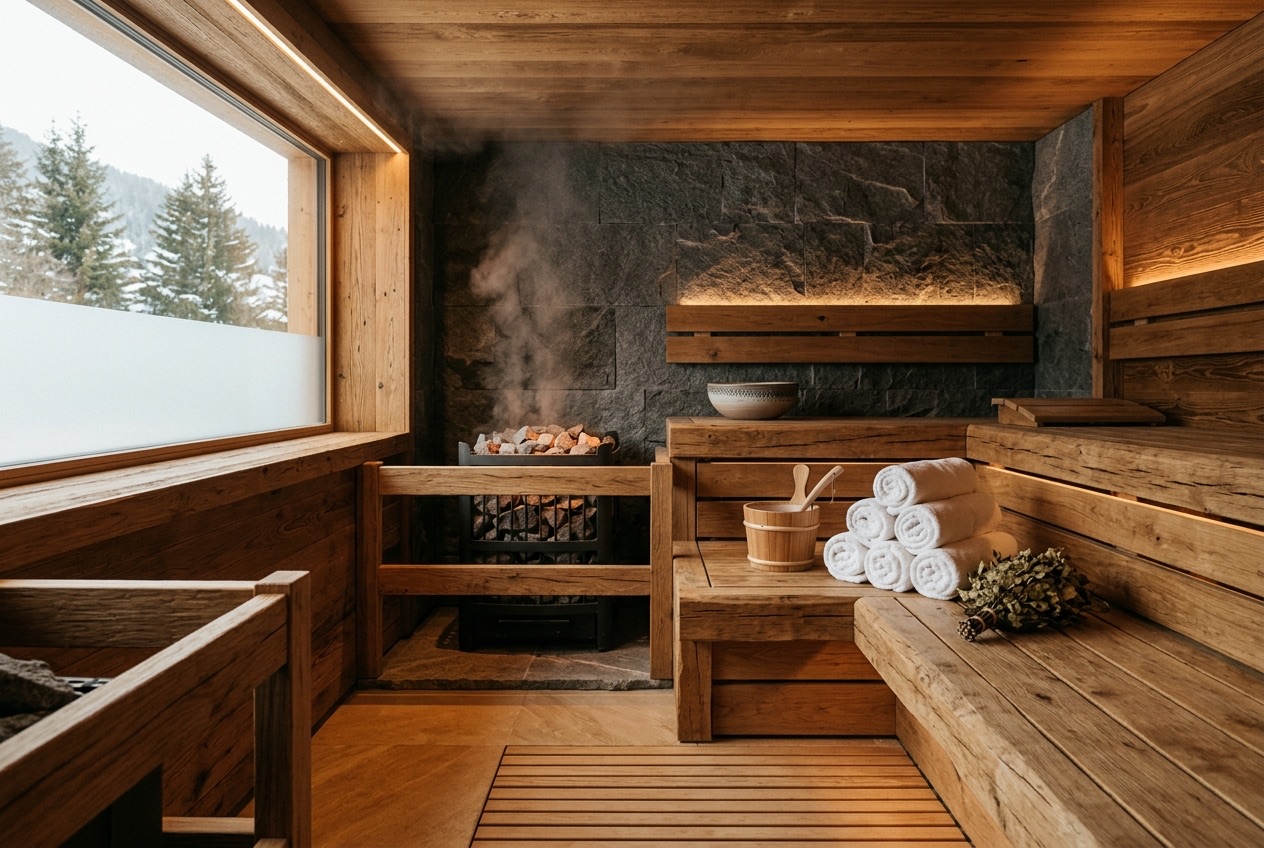 Warme Hotel-Sauna mit Bergblick