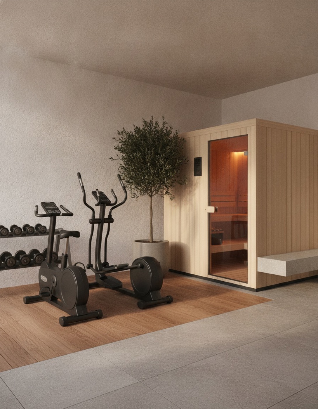 Privater Fitnessraum mit Geräten und Hanteln, daneben warm beleuchtete Sauna mit Glastür