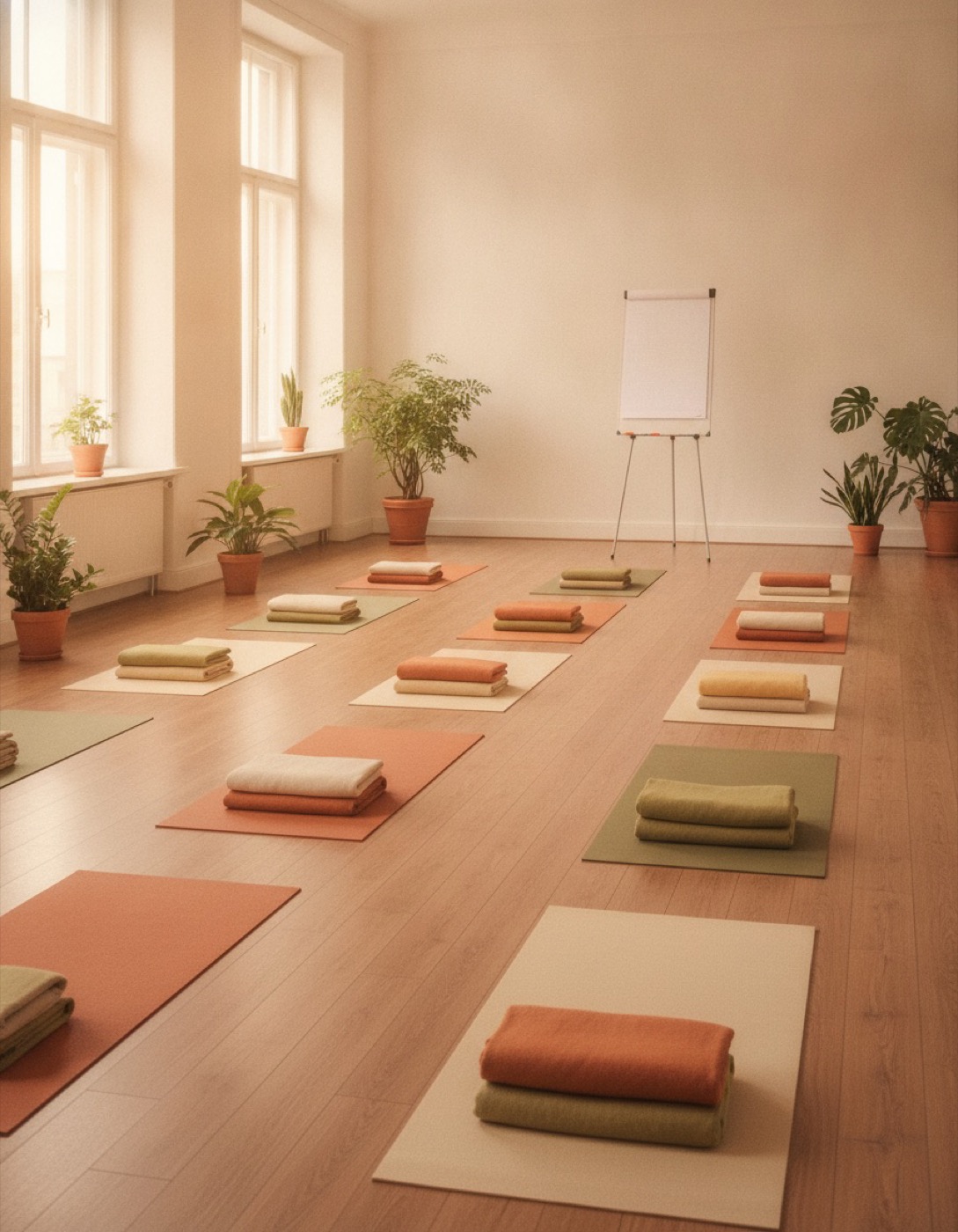 Heller Kursraum mit Yogamatten in Reihen, Flipchart und Pflanzen im Morgenlicht