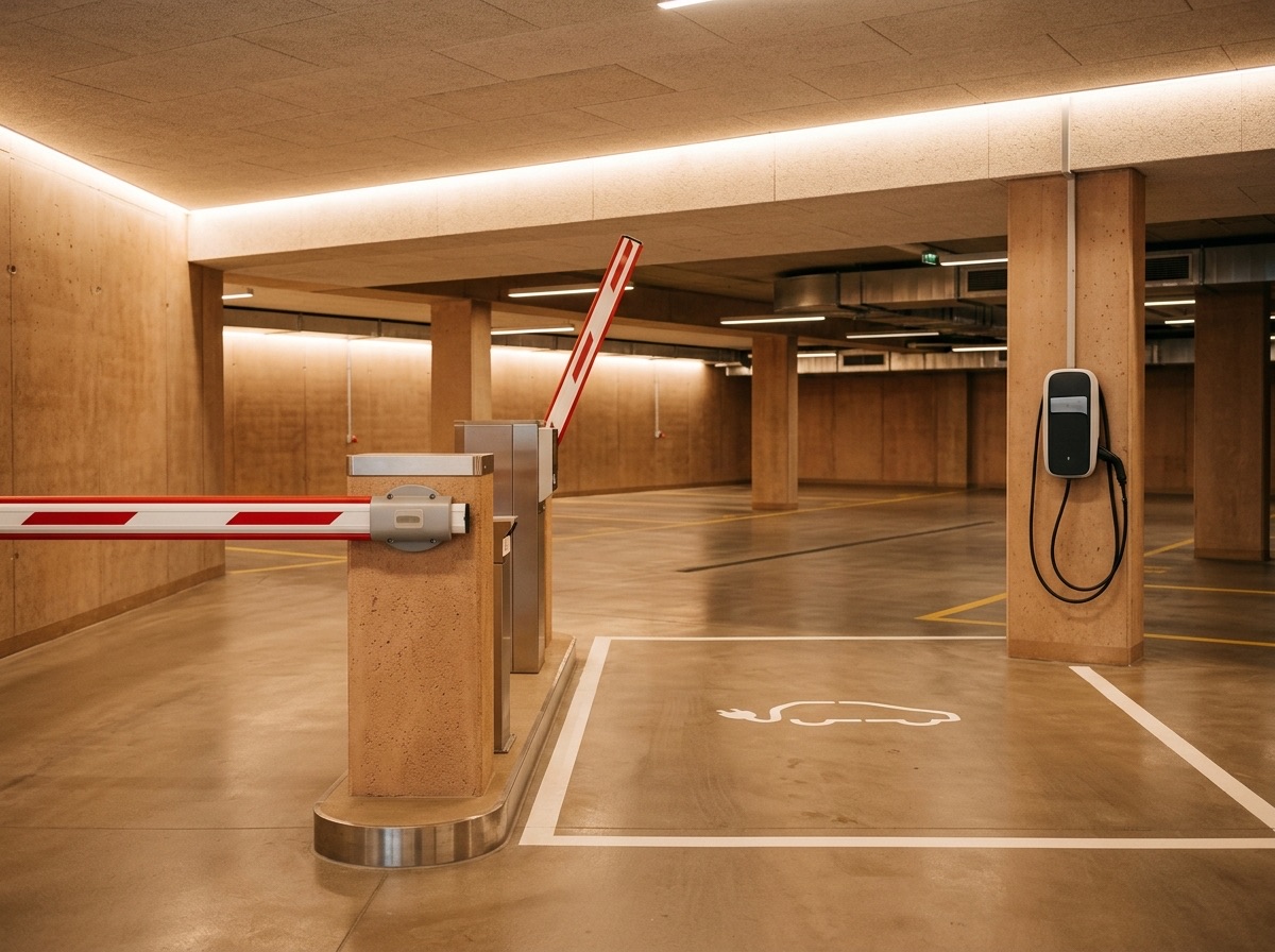 Tiefgarage mit Schranke und E-Ladesäule