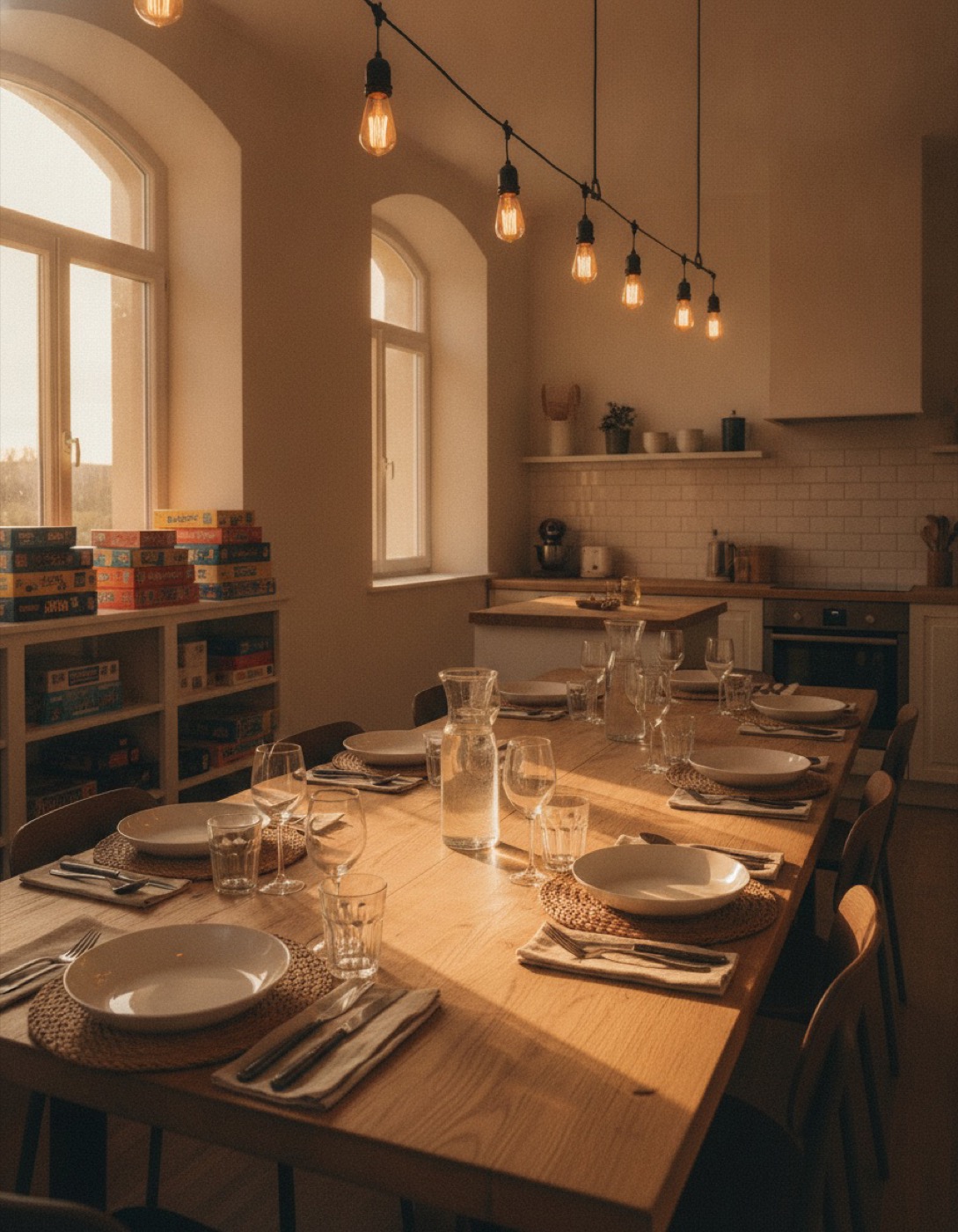 Gemeinschaftsraum mit langer gedeckter Tafel, Lichterkette und Spieleregal am Abend
