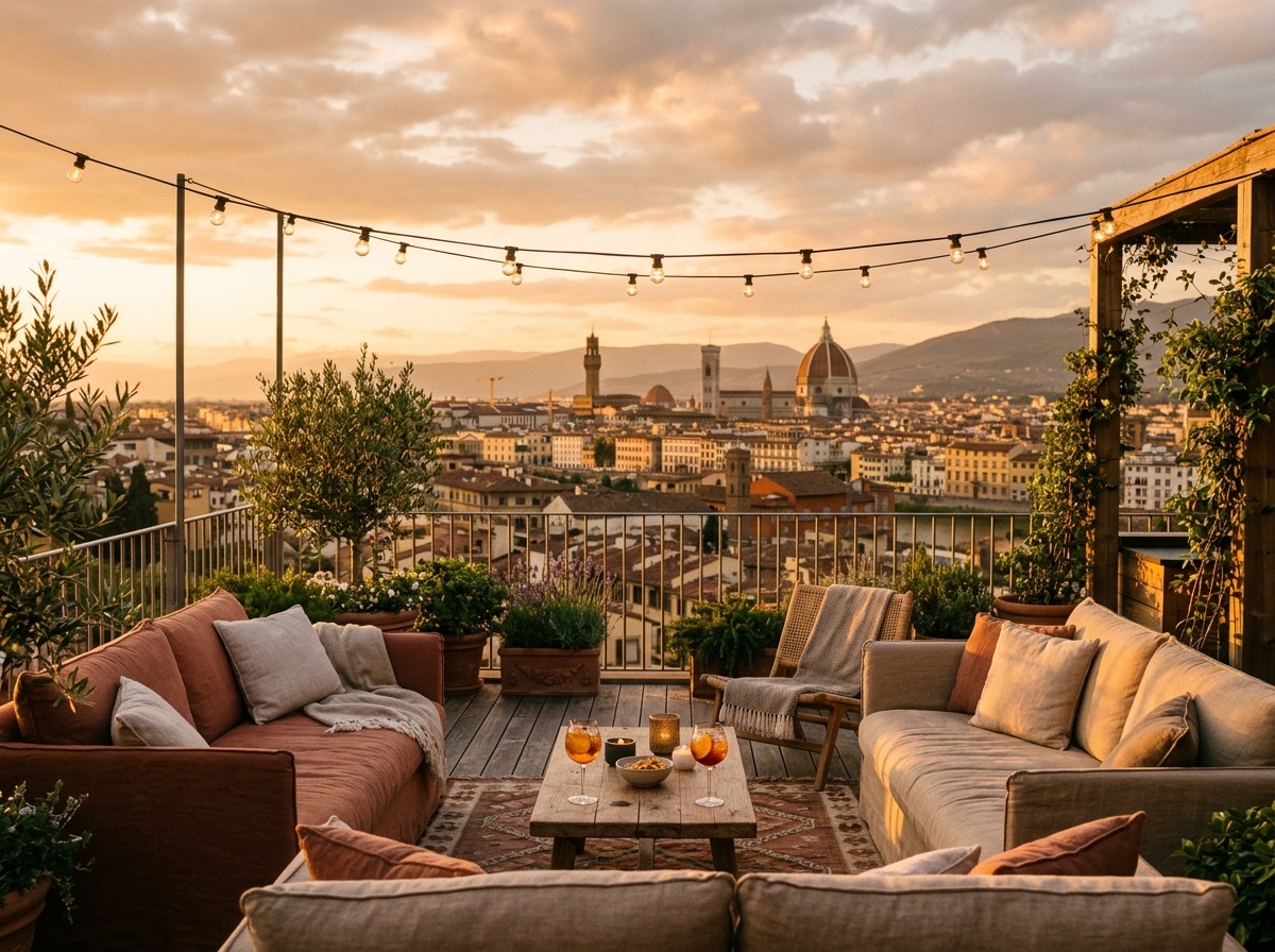 Dachterrasse mit Lounge und Skyline bei Sonnenuntergang