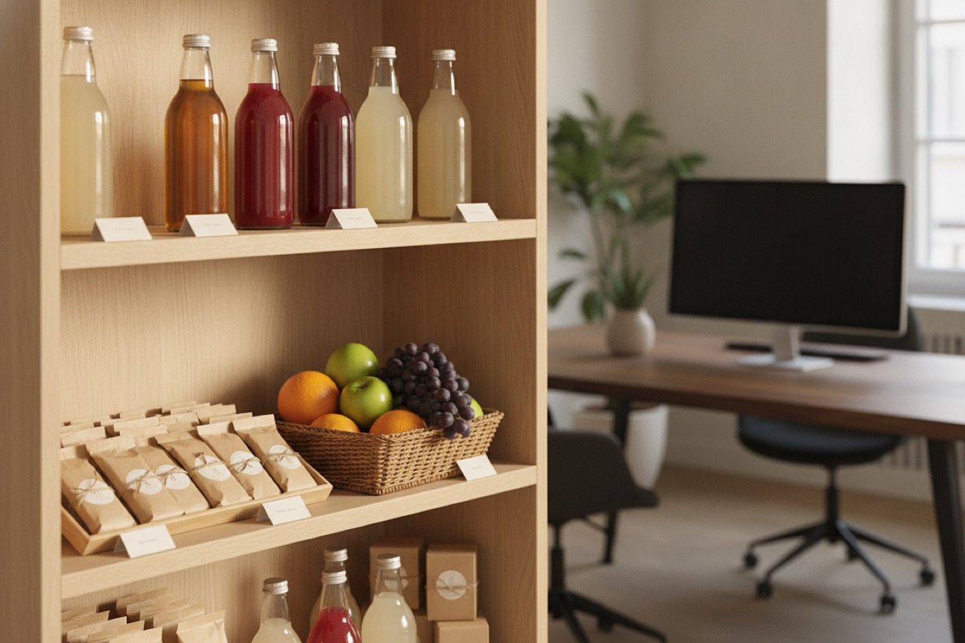 Helles Honesty-Shop-Regal im Büro mit Saftflaschen, Snacks in Packpapier und einem Obstkorb