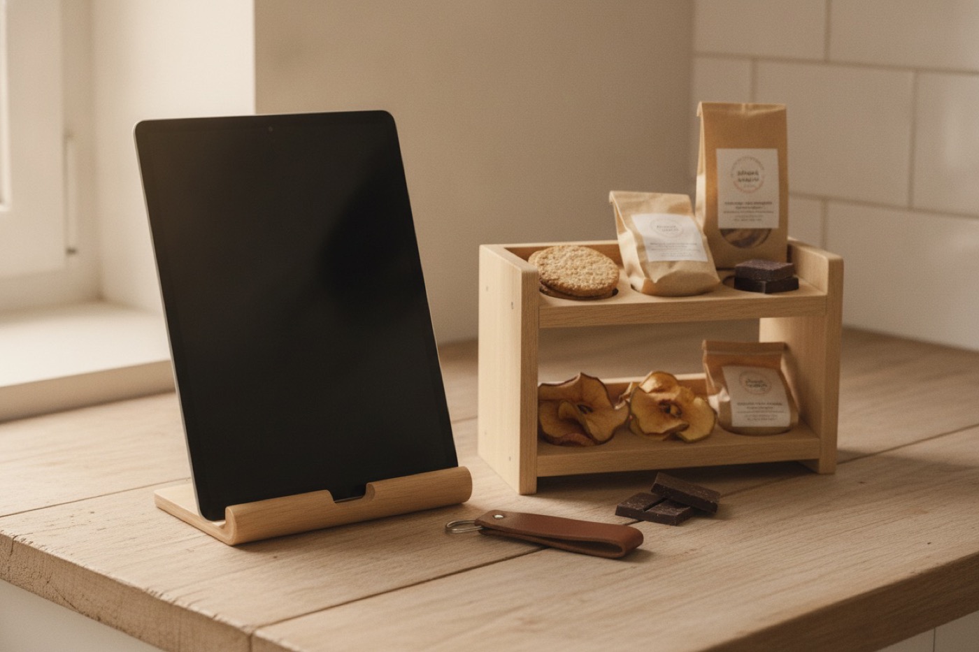 Tablet in einem Holzständer auf einer Küchentheke, daneben ein Schlüsselanhänger und ein kleines Snackregal