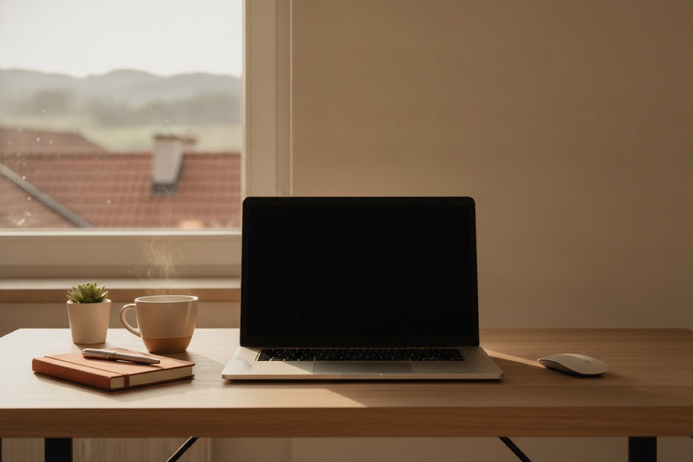 Aufgeräumter Schreibtisch am Fenster mit Laptop, Kaffeetasse und Notizbuch, Blick auf Ziegeldächer
