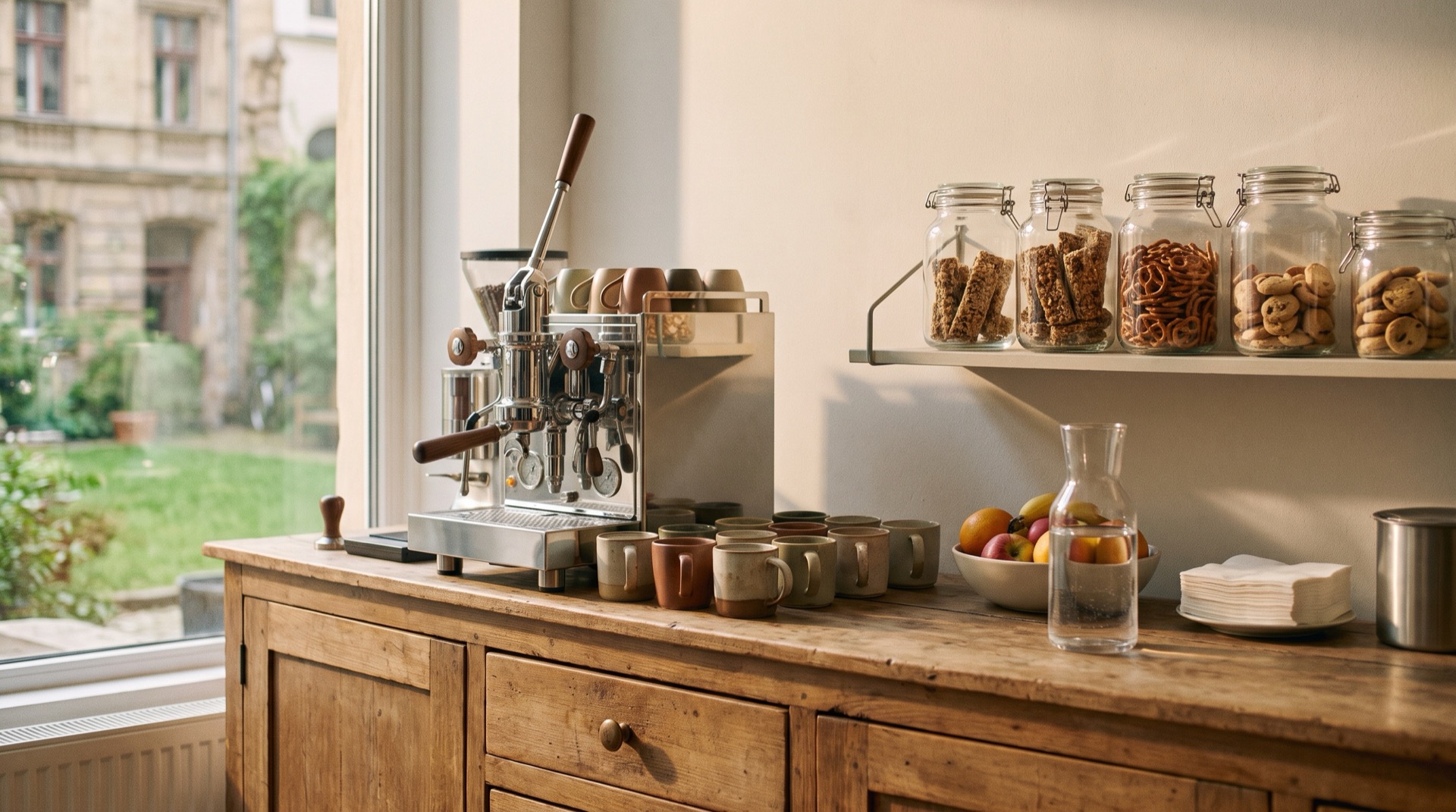 Kaffee-Ecke im Büro: Espressomaschine auf einem Holz-Sideboard, Vorratsgläser mit Snacks im Wandregal, Blick in einen begrünten Innenhof