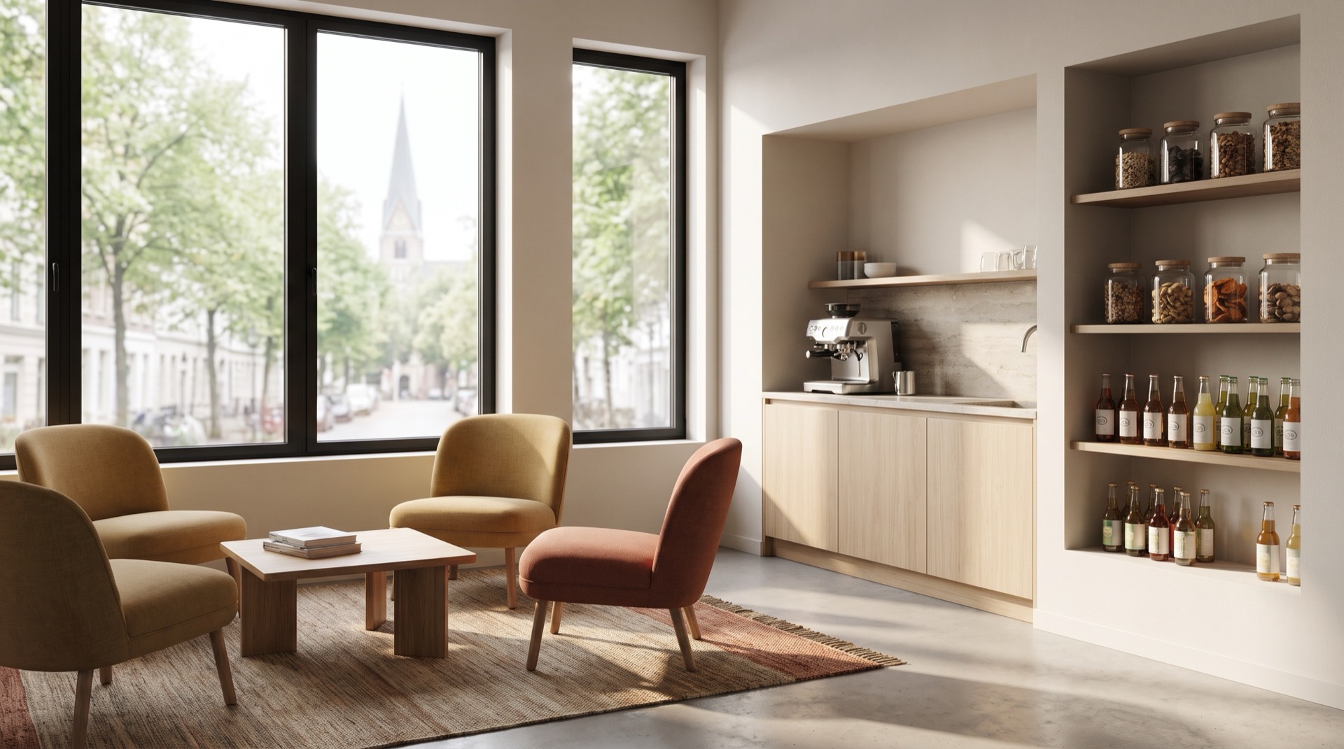 Heller Pausenraum mit Lounge-Sesseln, Kitchenette und Wandnischen mit Snackgläsern und Getränkeflaschen