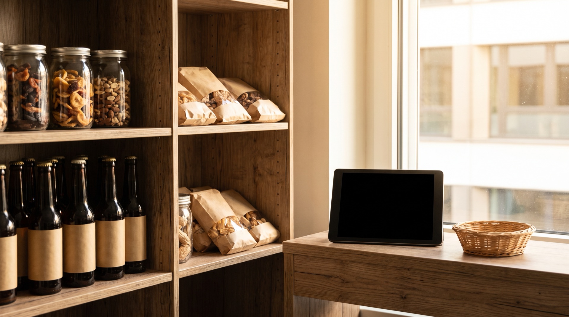 Honesty-Shop-Ecke mit Holzregal voller Gläser mit Nüssen und Trockenfrüchten — auf der Holztheke ein Tablet und ein Weidenkörbchen