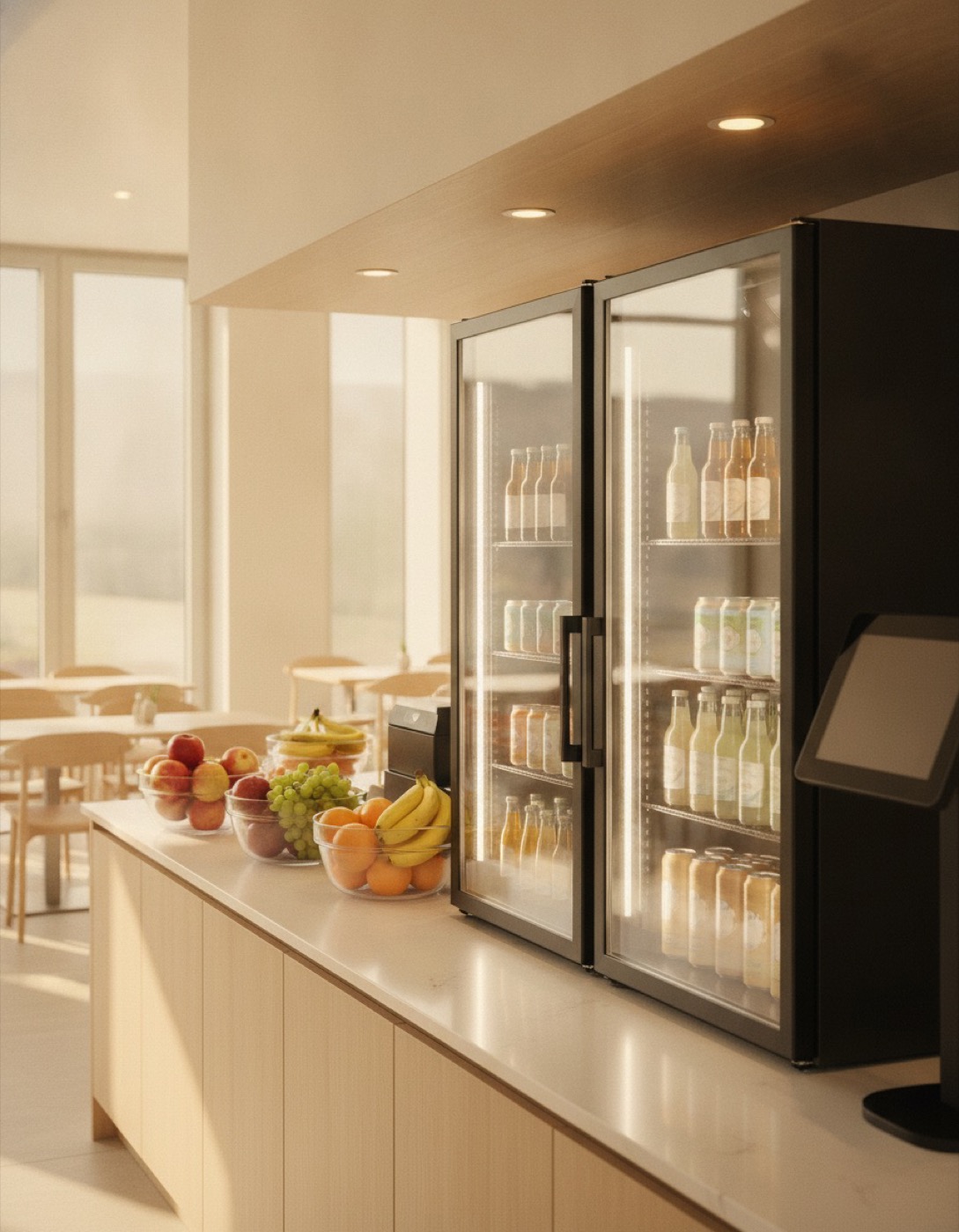 Selbstbedienungstheke einer Mitarbeiter-Cafeteria mit Getränkekühlschrank, Obstschalen und einem Terminal mit dunklem Display