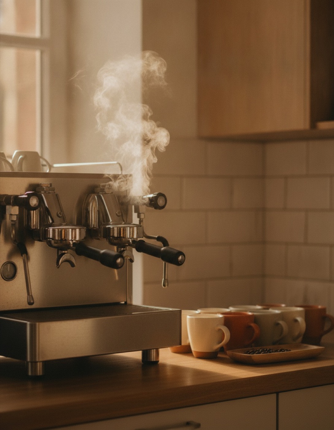 Siebträger-Espressomaschine mit aufsteigendem Dampf in einer Büroküche, daneben aufgereihte Keramiktassen