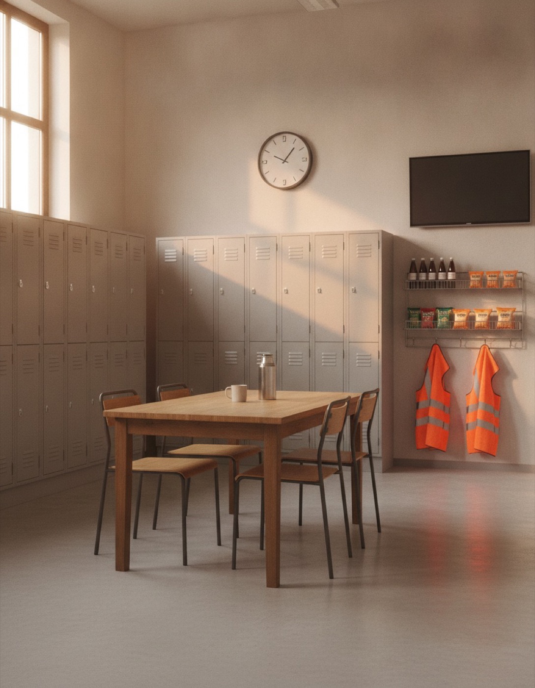 Pausenraum in der Produktion mit grauen Spinden, Holztisch, Wandregal mit Getränken und Warnwesten an Haken