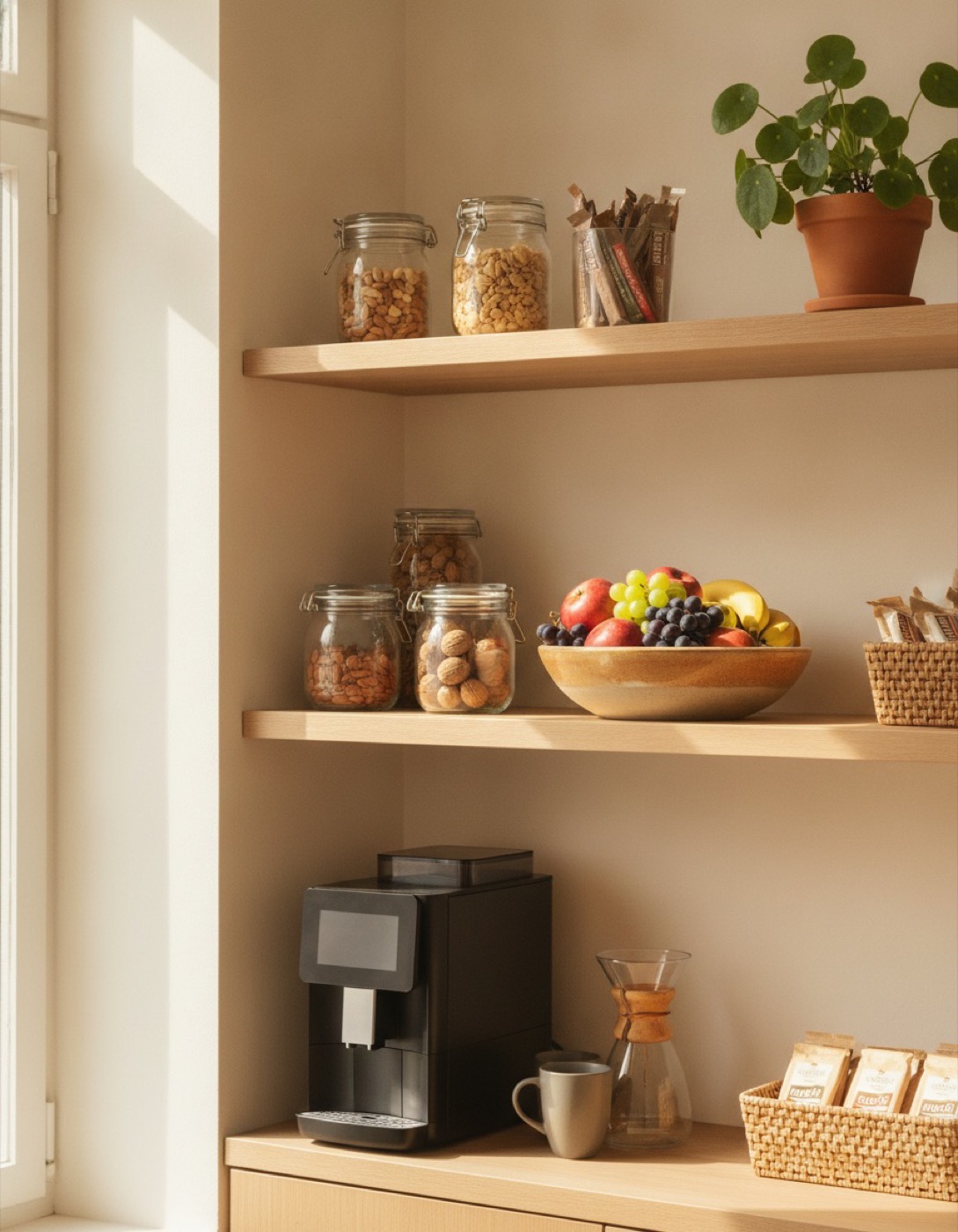 Helle Büro-Snackbar: Holzregale mit Gläsern voller Nüsse, Obstschale und Kaffeevollautomat darunter