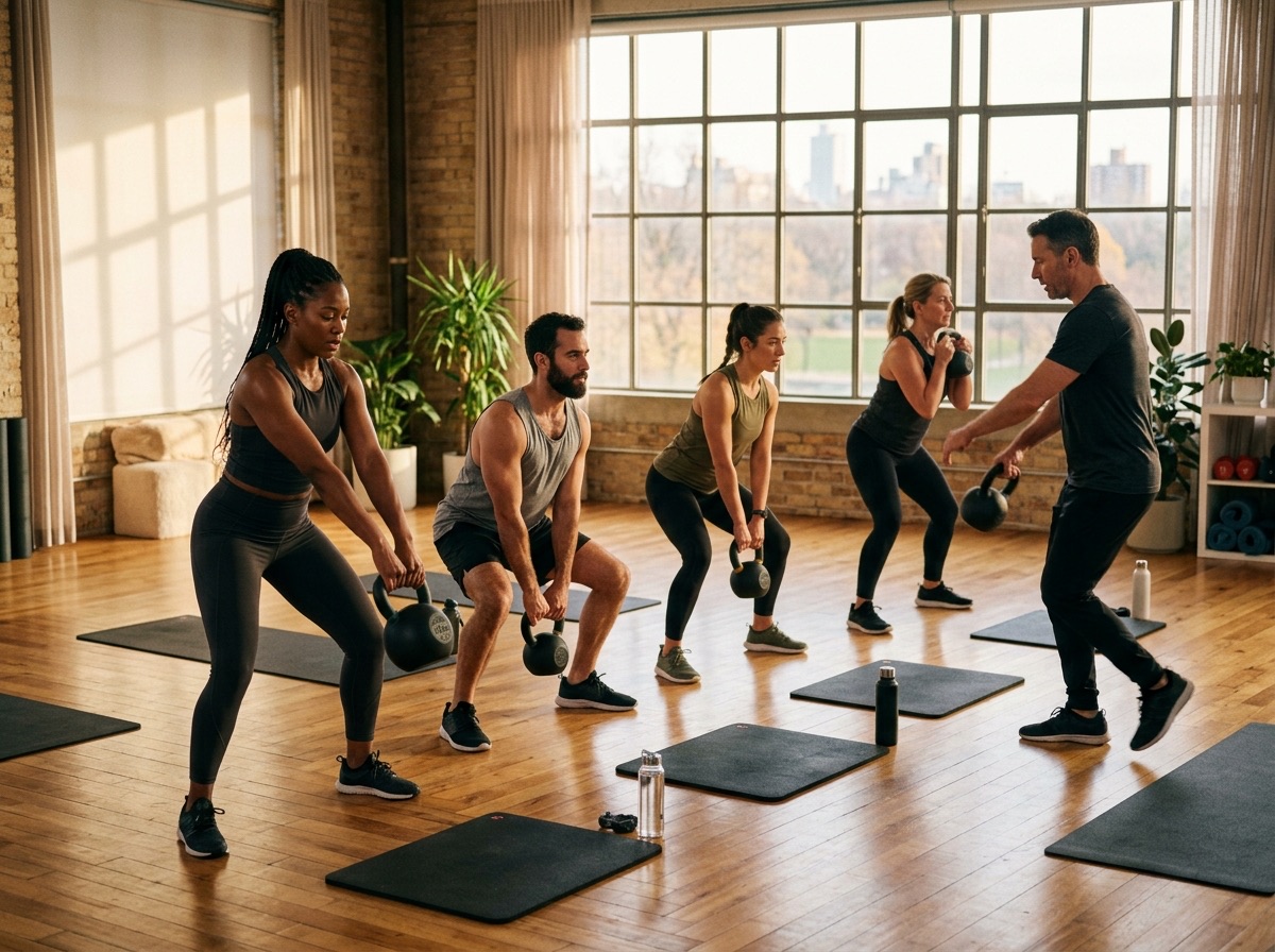 Gruppentraining mit Kettlebells im hellen Studio